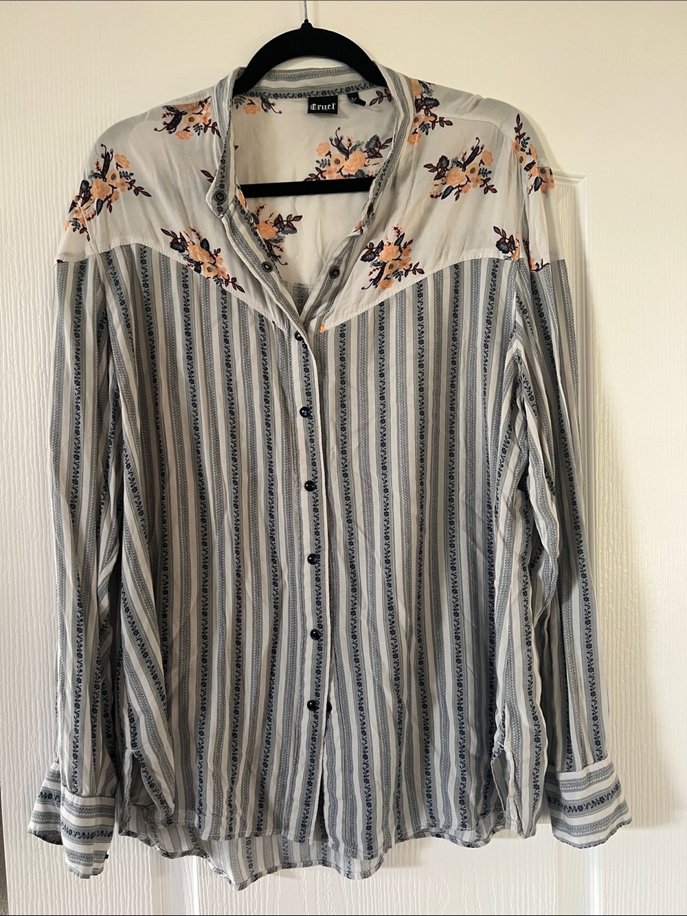 Cruel Girl White & Navy Striped Button-Up Blouse with Floral Yoke